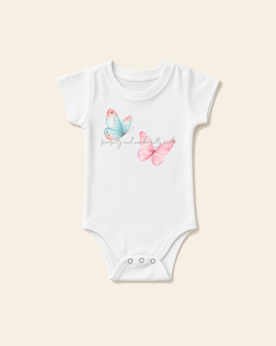 Fearfully Made Butterfly - Baby Organic Onesie, white, front