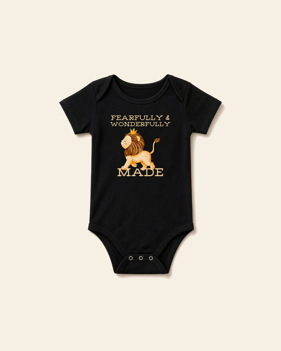 Fearfully Made Lion - Baby Organic Onesie, black, front