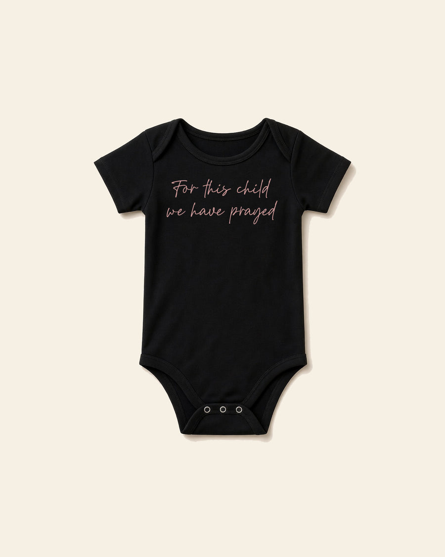 For This Child I Have Prayed Pink - Baby Organic Onesie, black, front