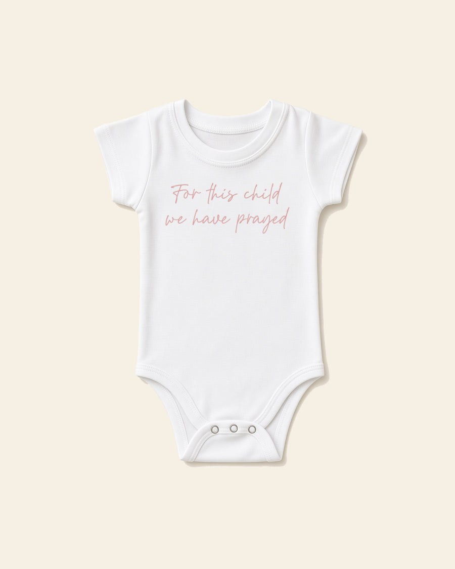 For This Child I Have Prayed Pink - Baby Organic Onesie, white, front