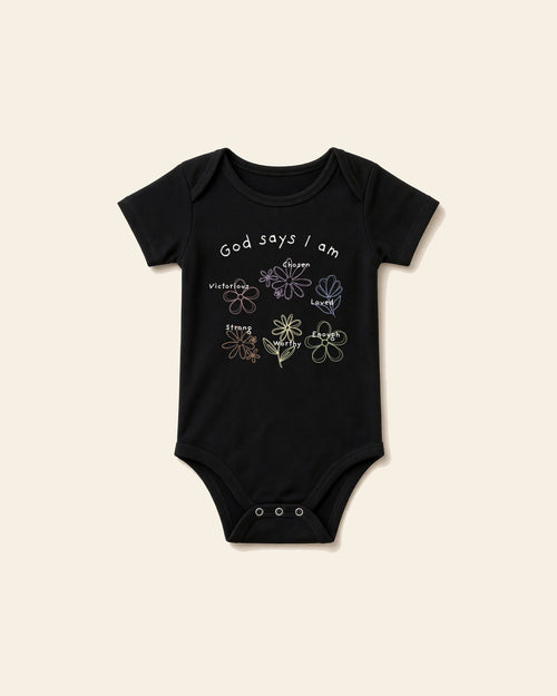 God Says I Am Flowers - Baby Organic Onesie, black, front