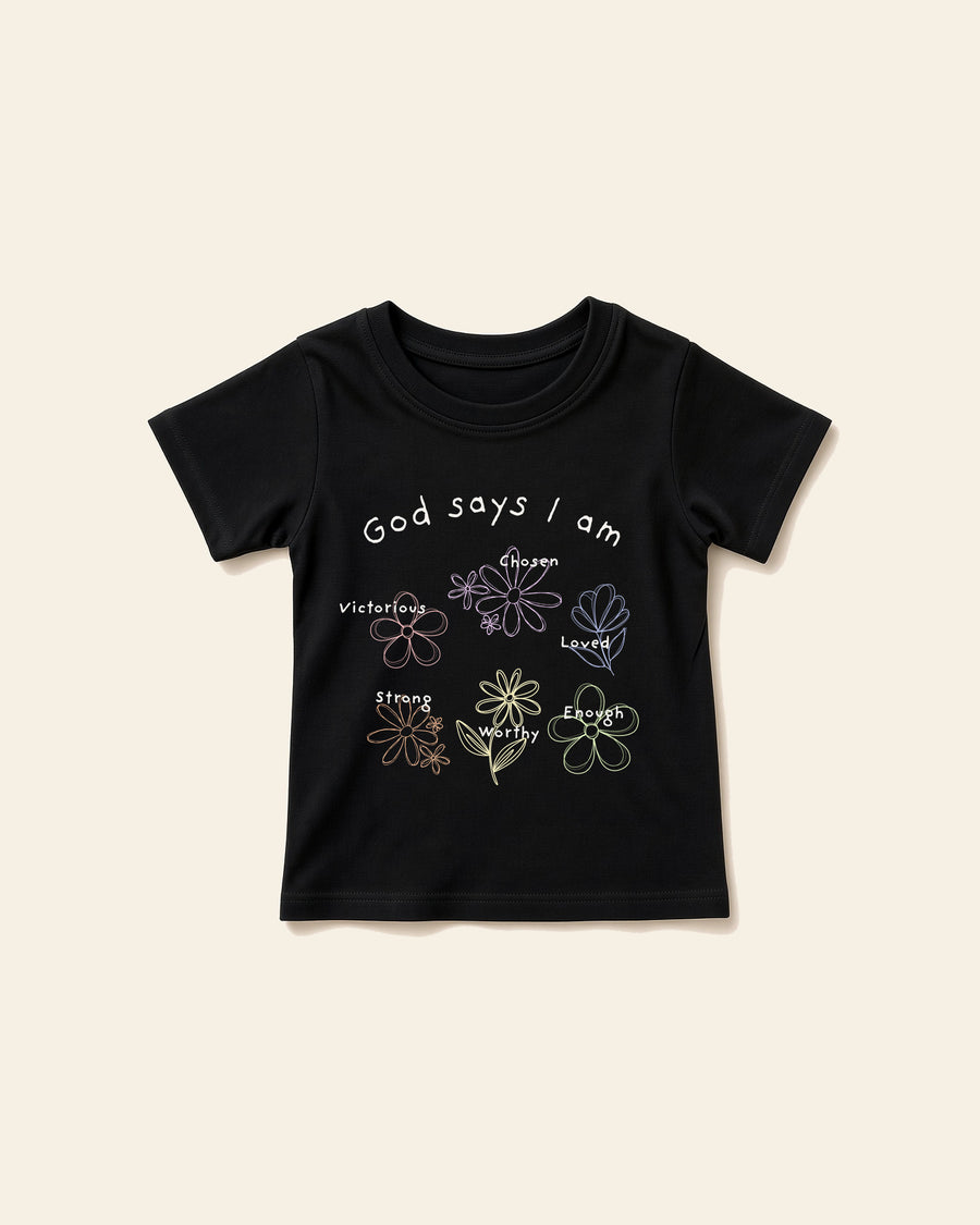 God Says I Am Flowers - Baby Organic Cotton Tee, black, front