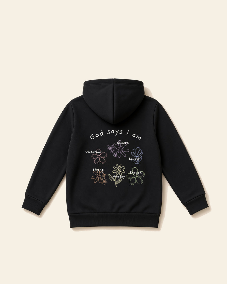 God Says I Am Flowers - Toddler Fleece Hoodie, black, back