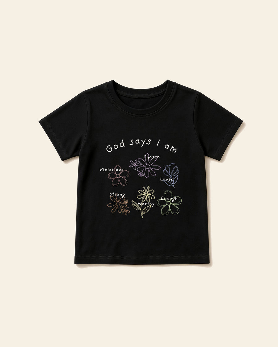 God Says I Am Flowers - Toddler Organic Cotton Tee, black, front