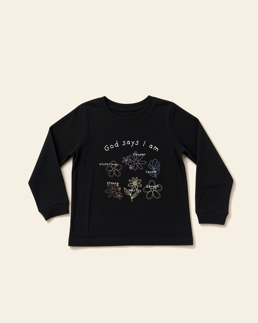 God Says I Am Flowers - Youth Long Sleeve Tee, black, front