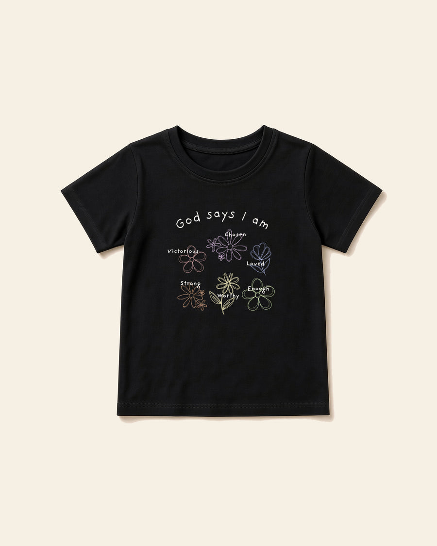 God Says I Am Flowers - Youth Everyday Cotton Tee, black, front