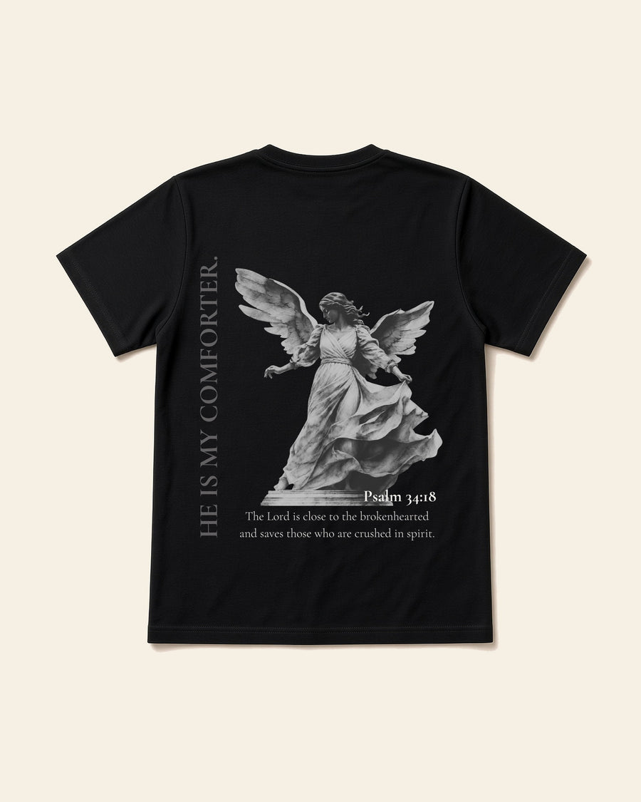 He's My Comforter - Adult Organic Bamboo Tee, black, back