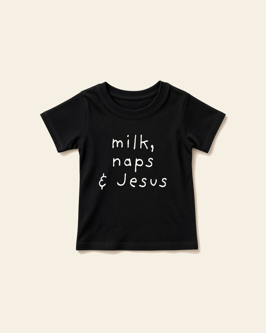 Milk, Naps & Jesus - Baby Organic Cotton Tee, black, front