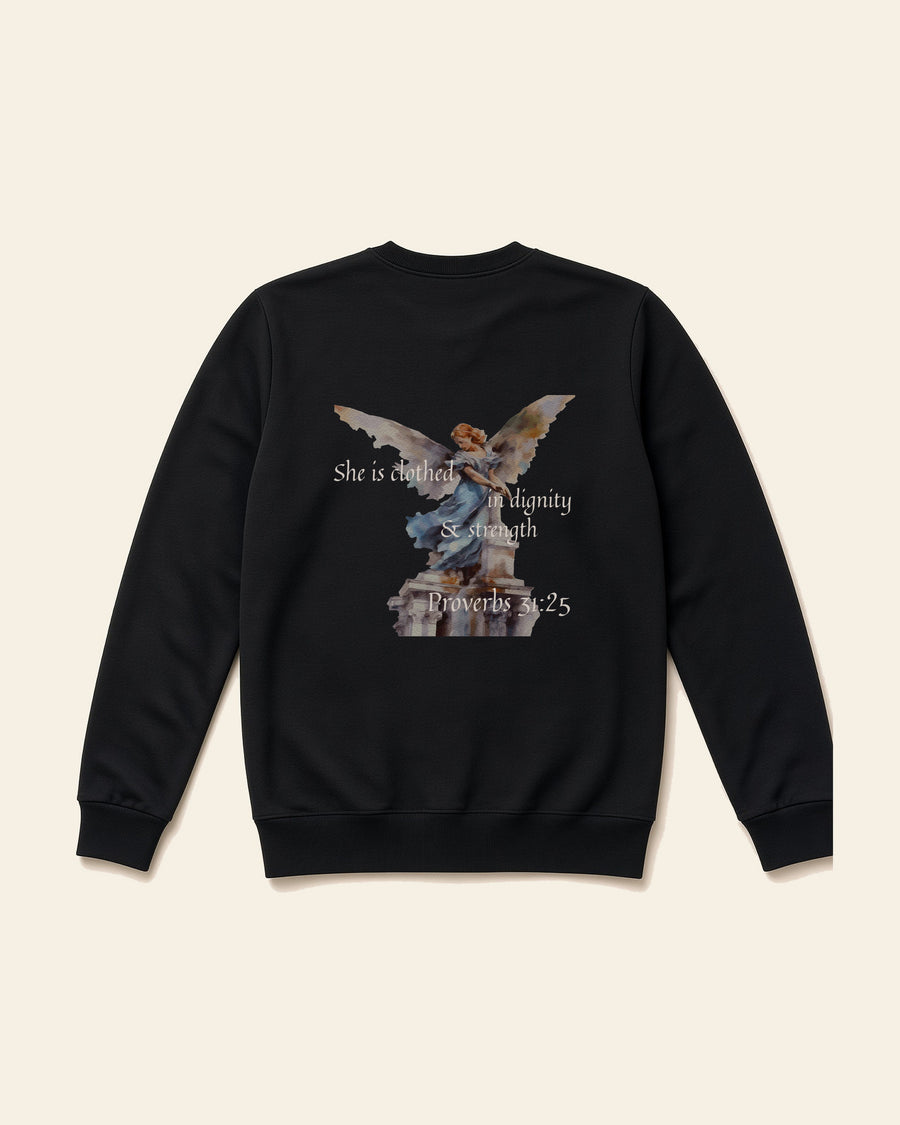 Proverbs Angel White - Adult Fleece Crewneck, black, back