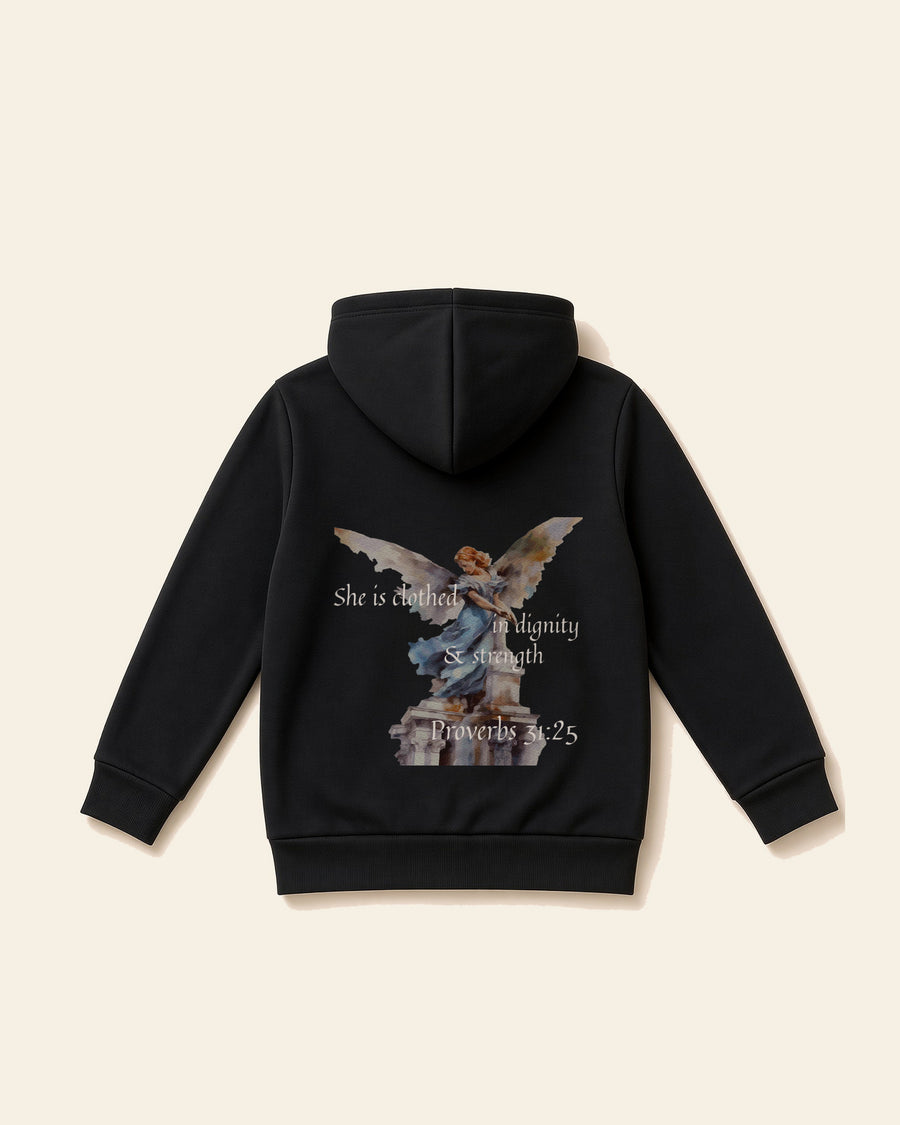 Proverbs Angel White - Youth Fleece Hoodie, black, back