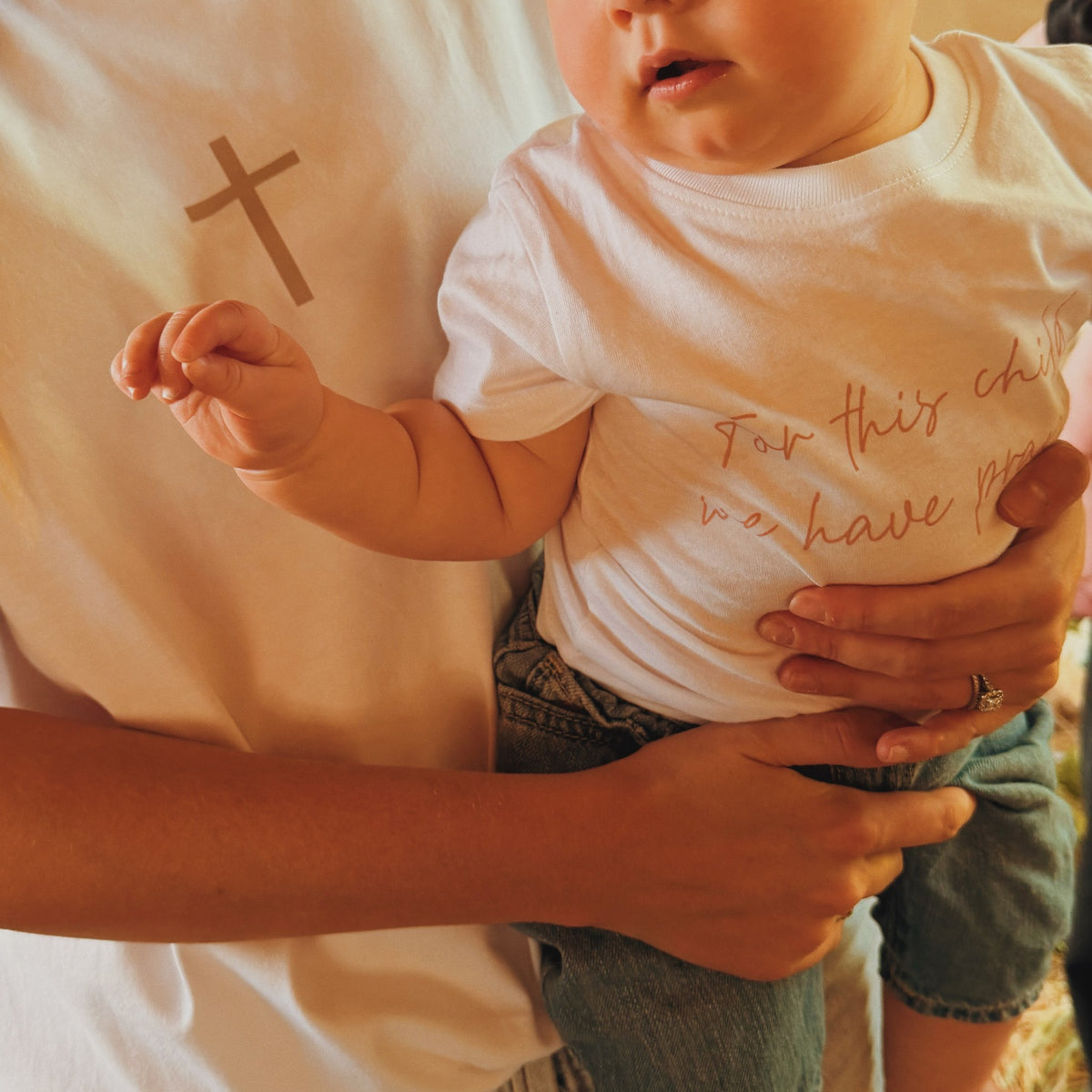For This Child I Have Prayed Pink - Baby Organic Cotton Tee, white, worn