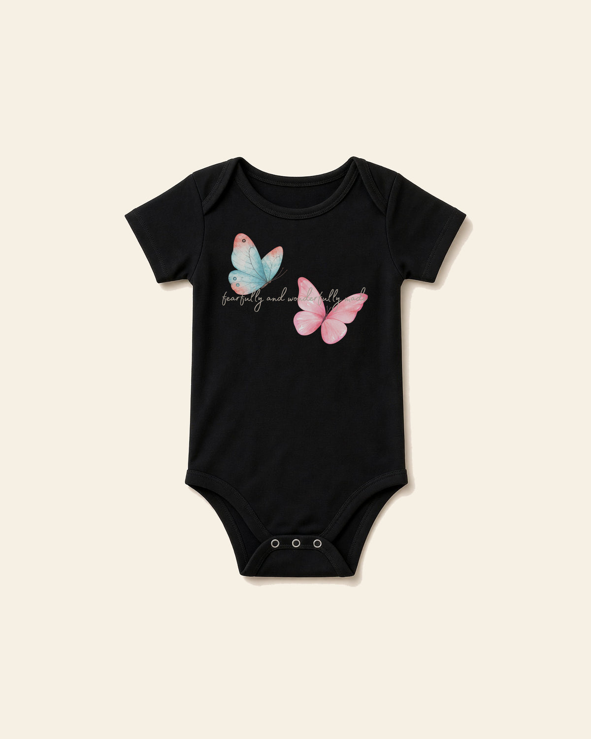 Fearfully Made Butterfly - Baby Organic Onesie, black, front