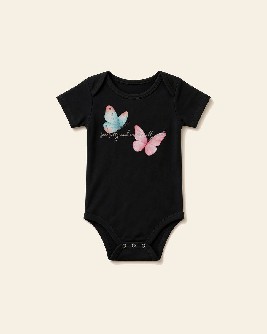Fearfully Made Butterfly - Baby Organic Onesie, black, front