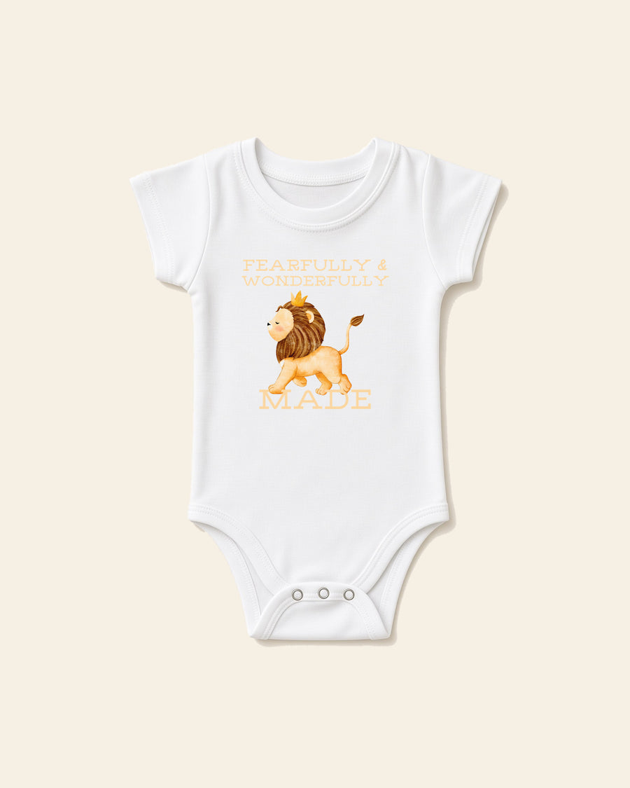 Fearfully Made Lion - Baby Organic Onesie, white, front