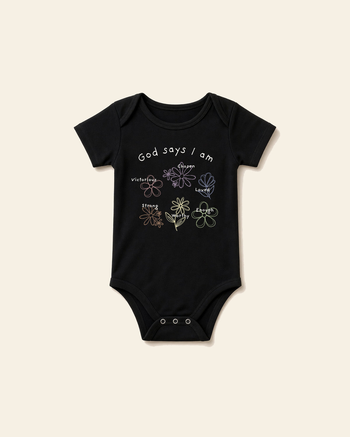 God Says I Am Flowers - Baby Organic Onesie, black, front