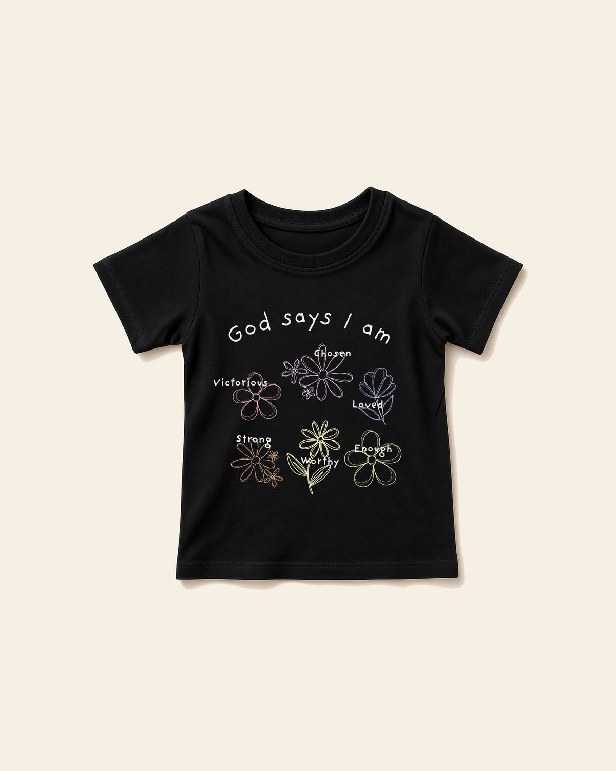 God Says I Am Flowers - Baby Organic Cotton Tee, black, front