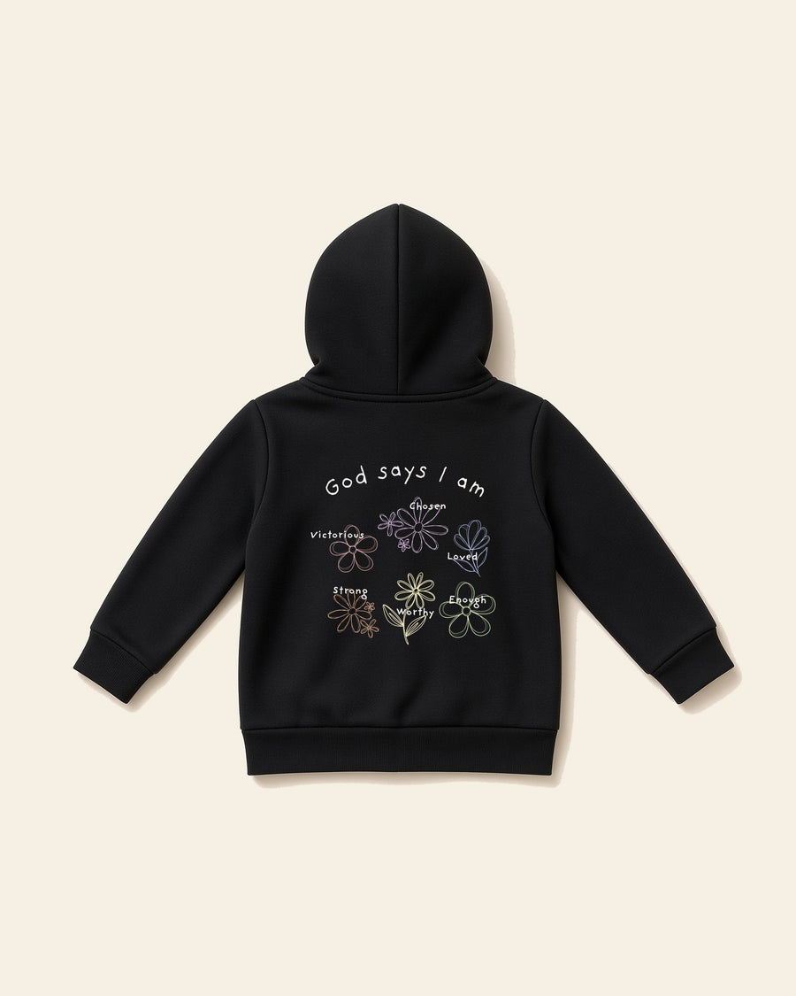 God Says I Am Flowers - Baby Fleece Zip Hoodie, black, back