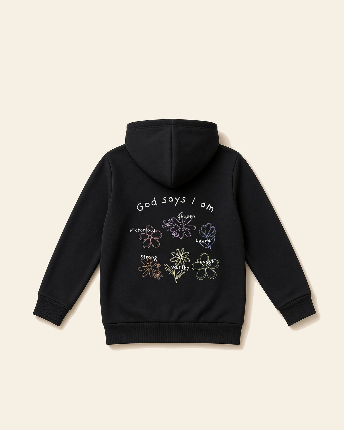 God Says I Am Flowers - Toddler Fleece Hoodie, black, back