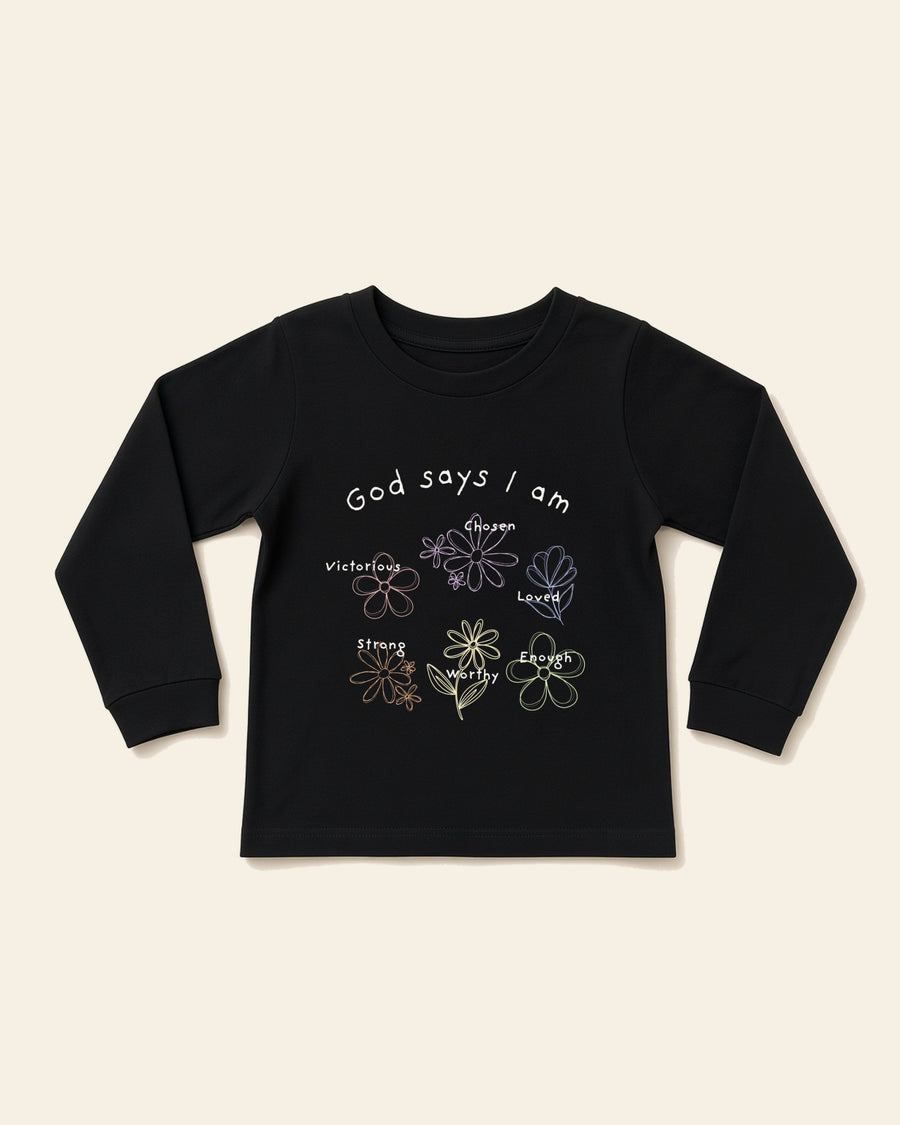 God Says I Am Flowers - Toddler Long Sleeve Tee, black, front