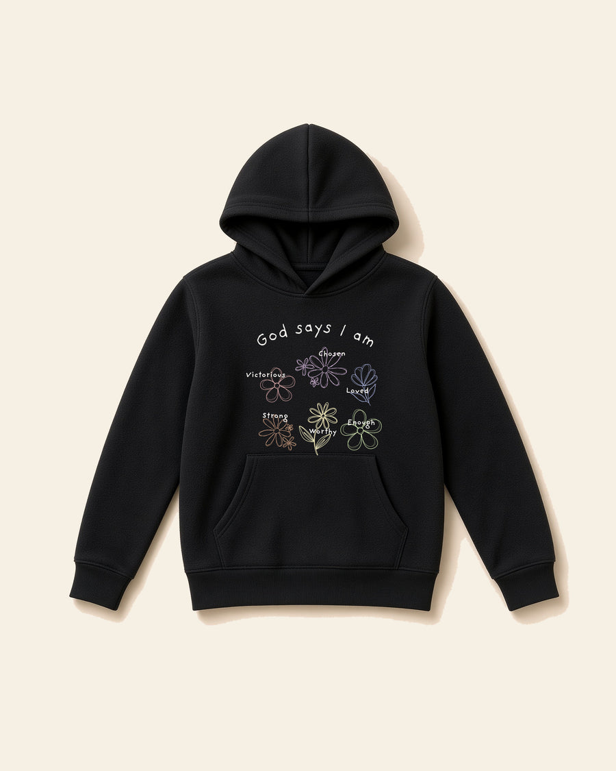 God Says I Am Flowers - Youth Fleece Hoodie, black, front