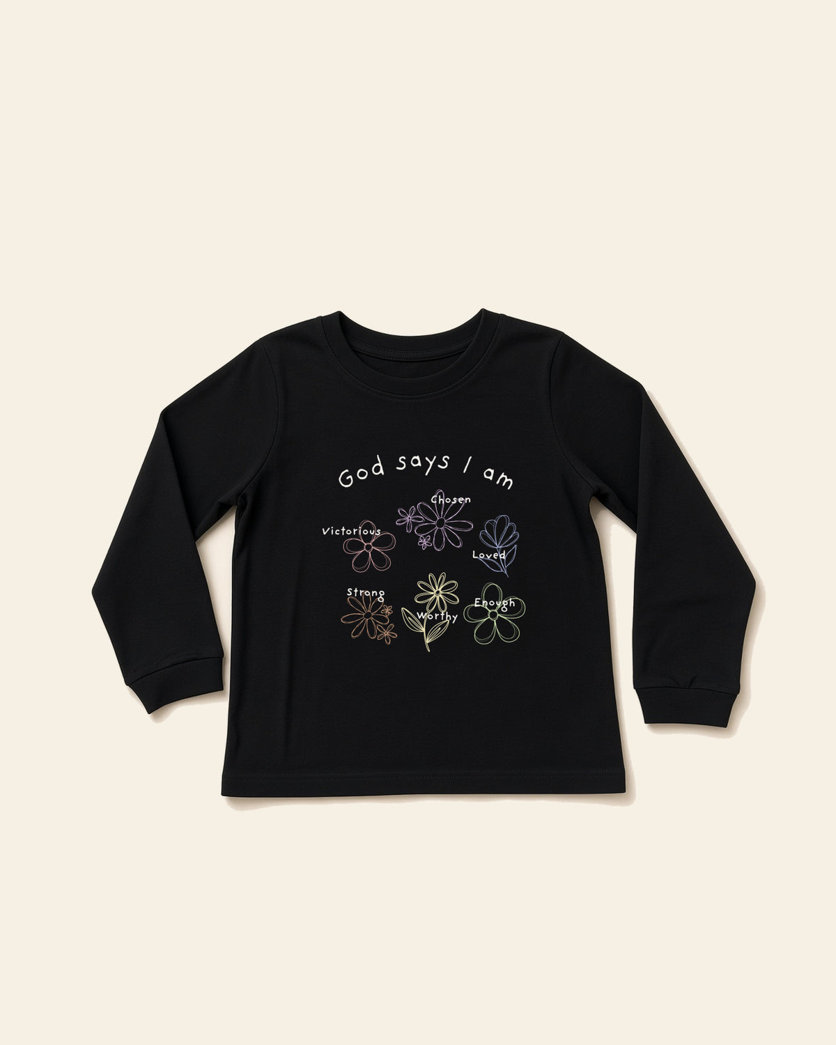 God Says I Am Flowers - Youth Long Sleeve Tee, black, front