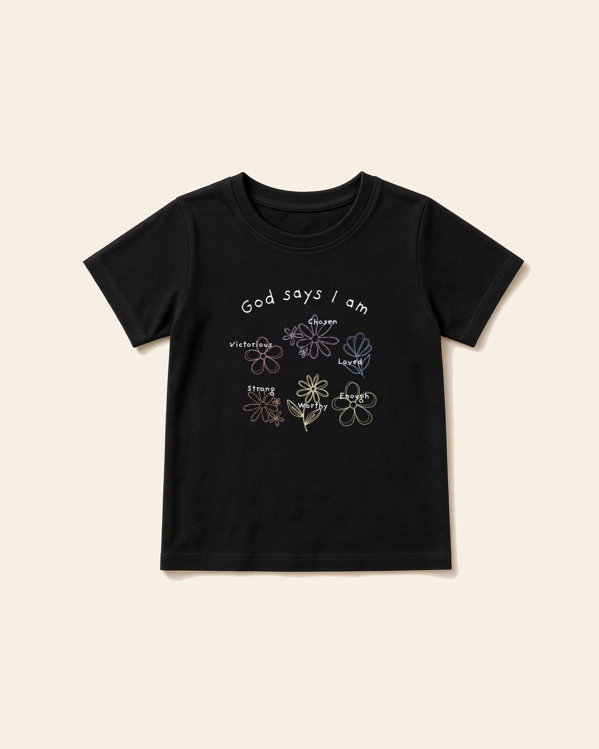 God Says I Am Flowers - Youth Everyday Cotton Tee, black, front