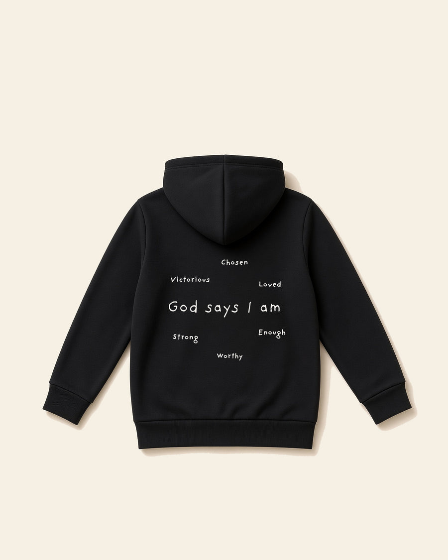 God Says I Am - Toddler Fleece Hoodie, black, back