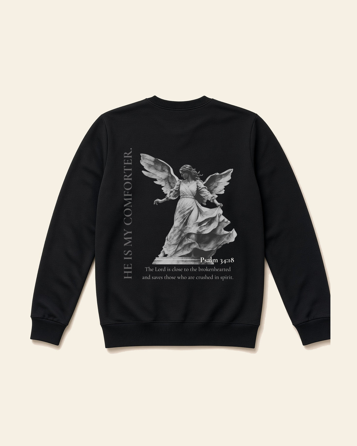 He's My Comforter - Adult Fleece Crewneck, black, back