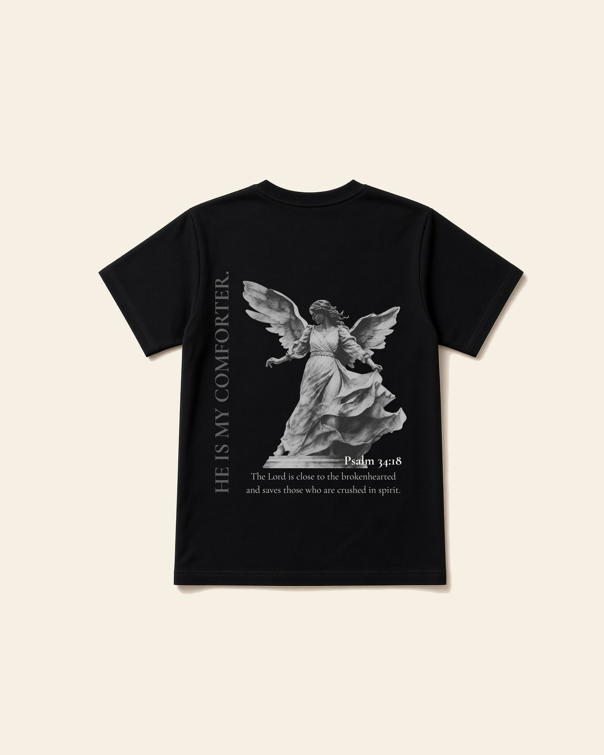 He's My Comforter - Adult Heavyweight Cotton Tee, black, back