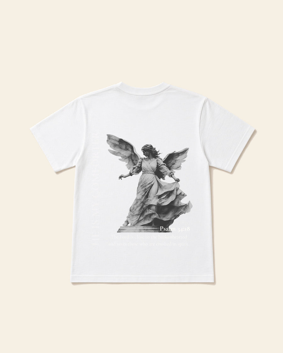 He's My Comforter - Adult Heavyweight Cotton Tee, white, back