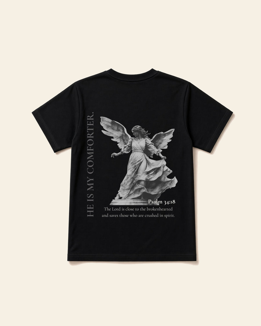 He's My Comforter - Adult Everyday Cotton Tee, black, back