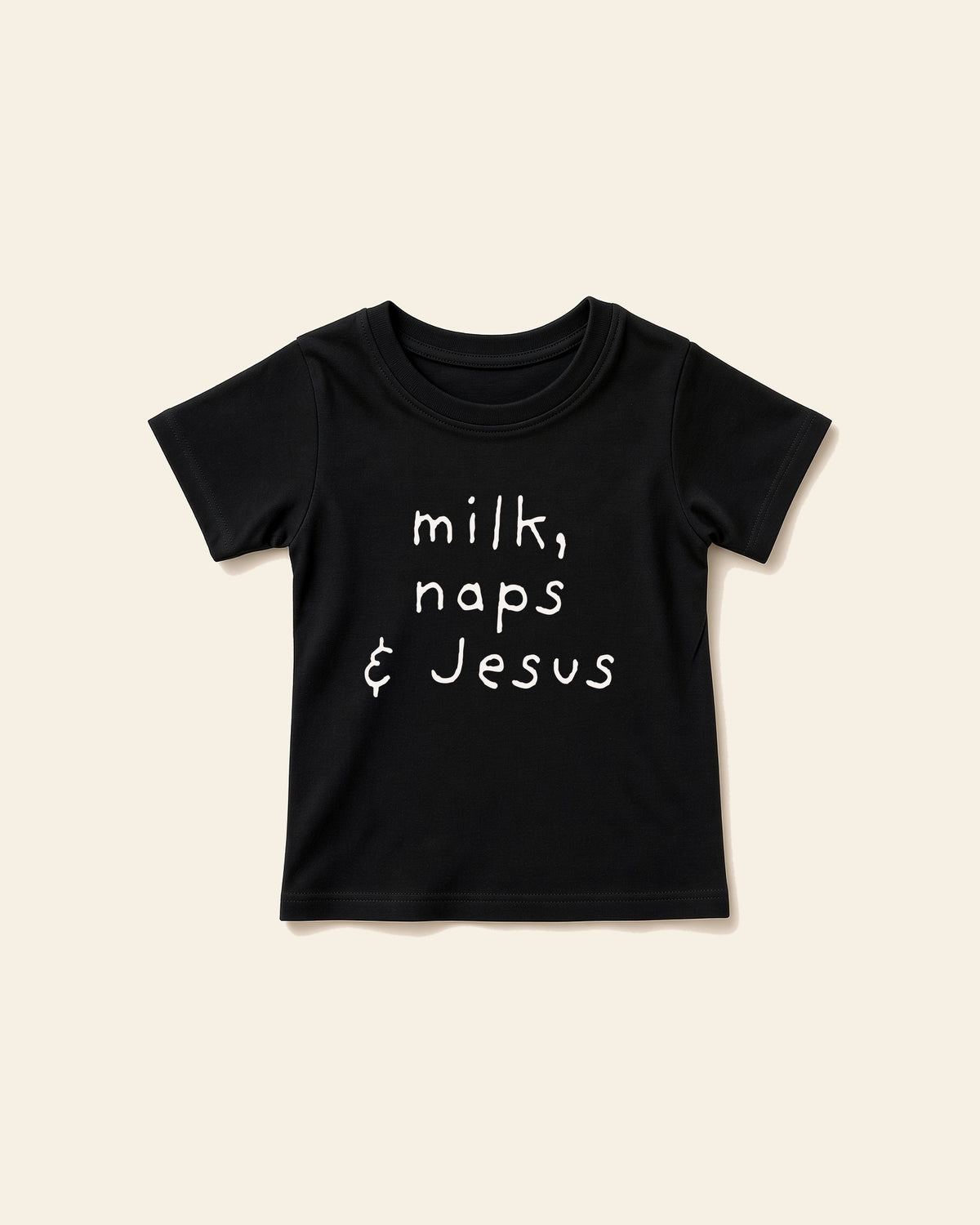 Milk, Naps & Jesus - Baby Organic Cotton Tee, black, front