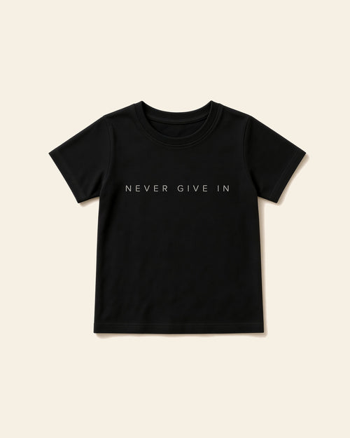 Never Give In - Toddler Organic Cotton Tee, black, front