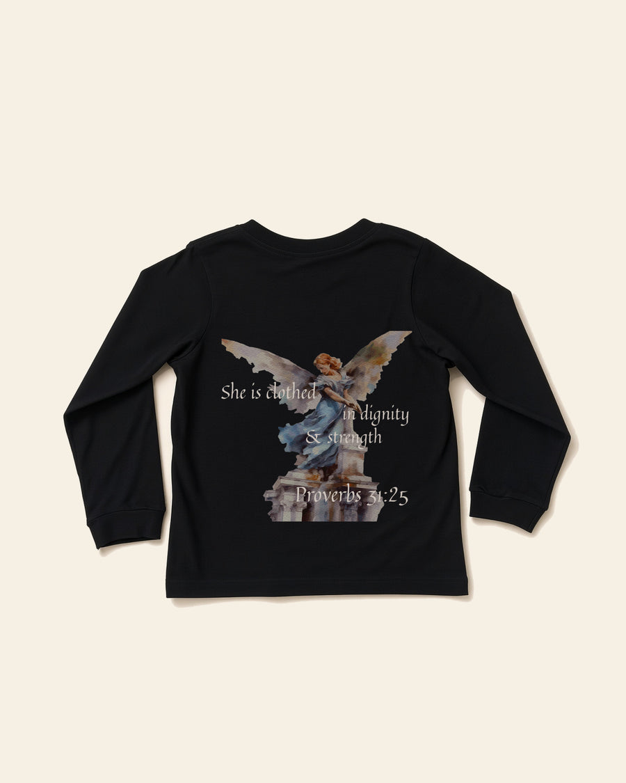 Proverbs Angel White - Youth Long Sleeve Tee, black, back
