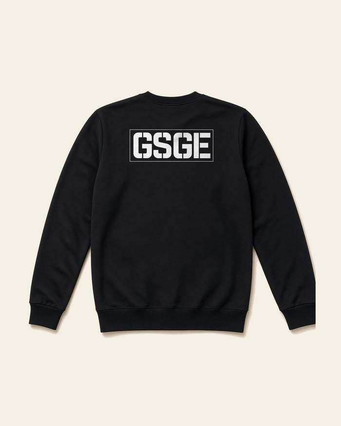 Wordmark, white across the back of the GSGE adult fleece crewneck in black