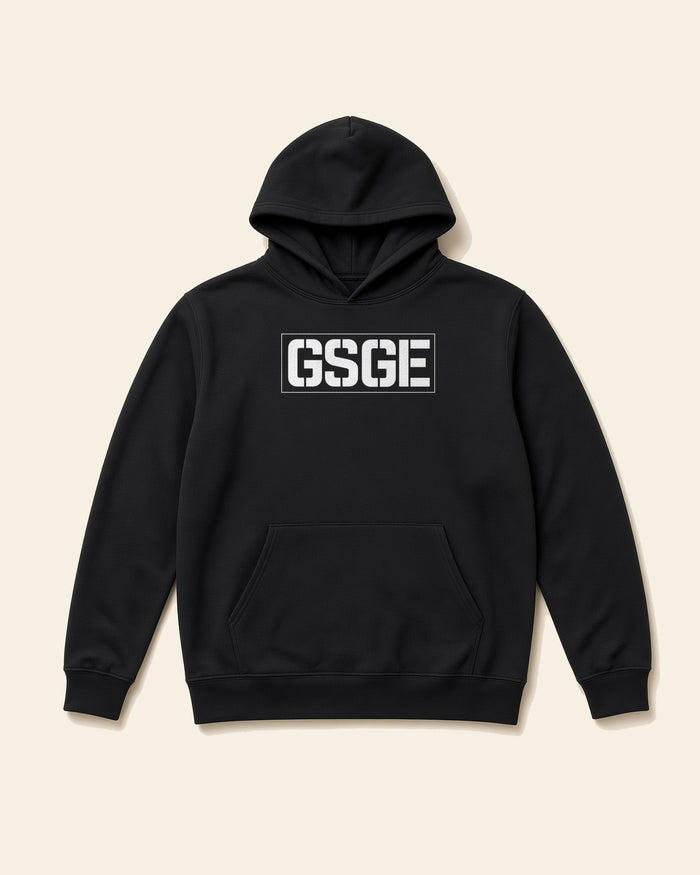 Wordmark, white on the front of the GSGE adult fleece hoodie in black