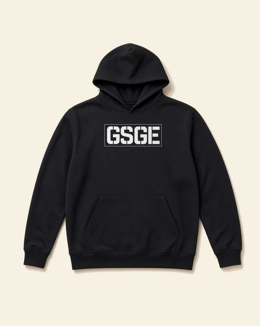 Wordmark, white on the front of the GSGE adult fleece hoodie in black
