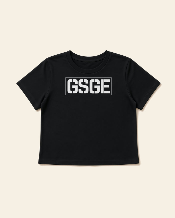Wordmark, white on the front of the GSGE women's modern fit tee in black