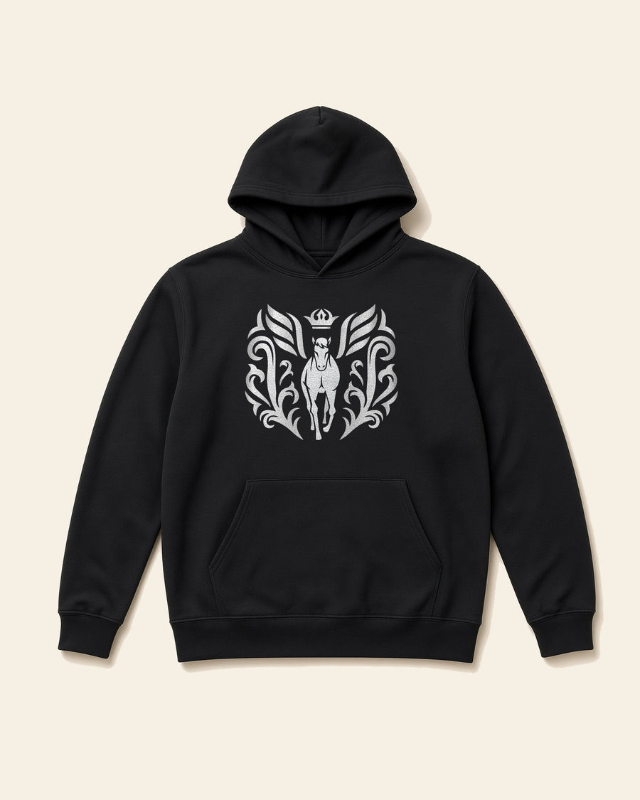 Crest on the front of the Infinity Equestrian adult fleece hoodie