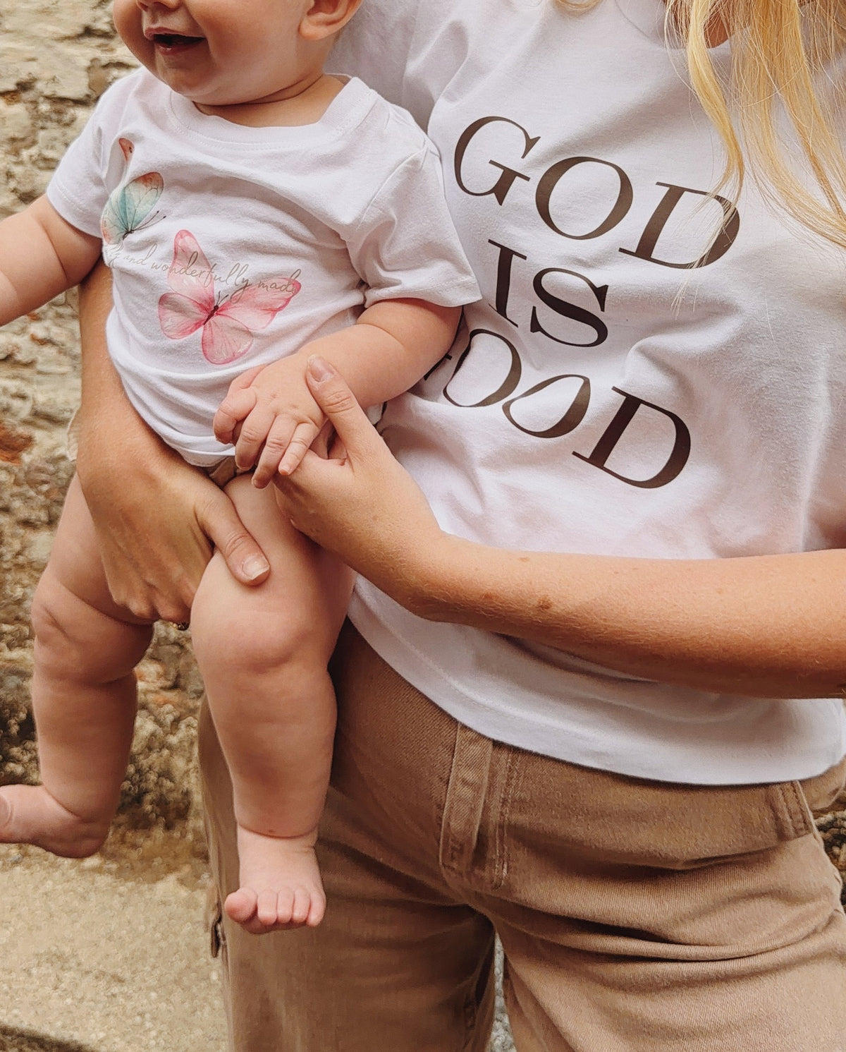 Fearfully Made Butterfly - Baby Organic Cotton Tee, white, worn