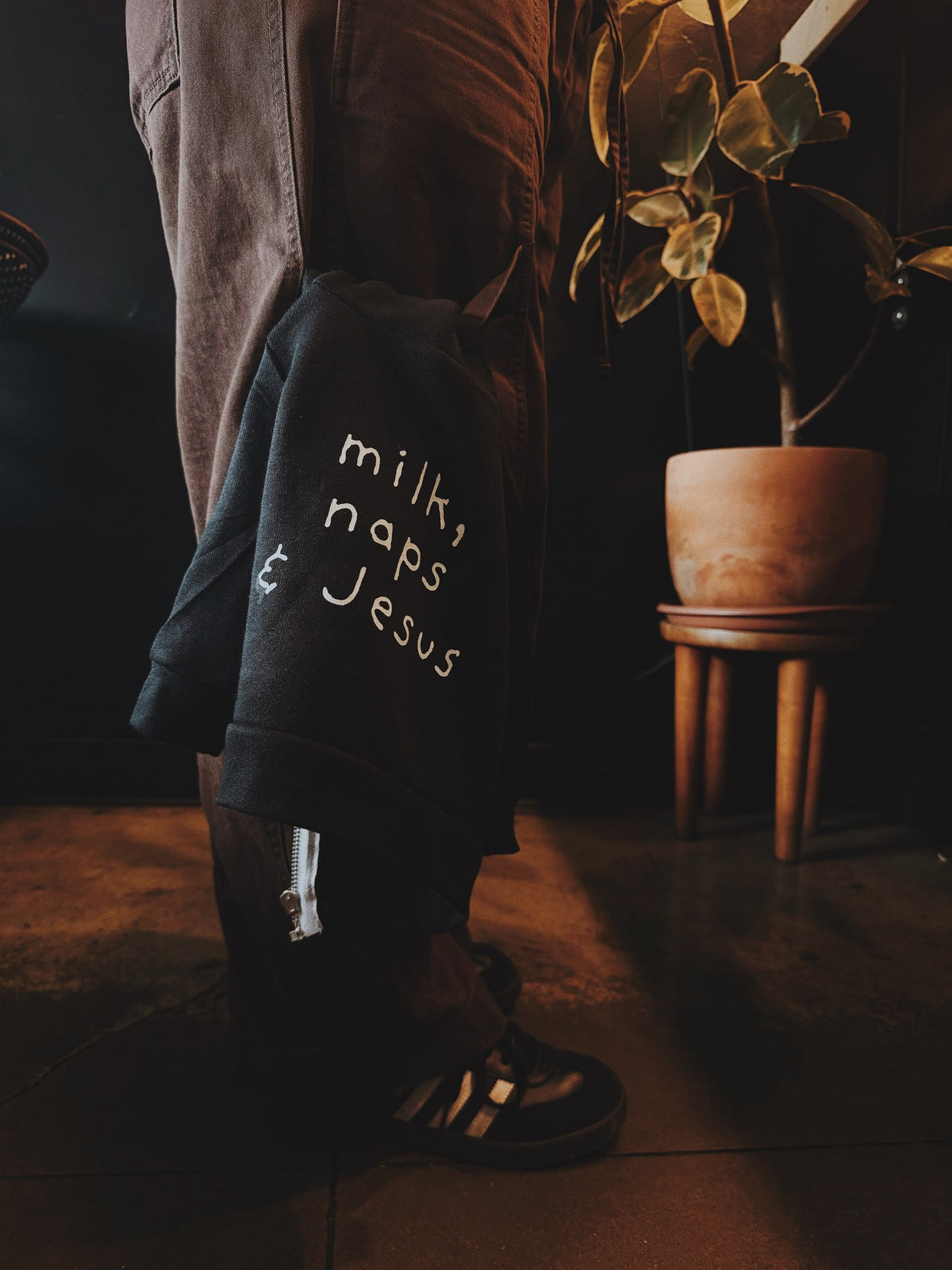 Milk, Naps & Jesus - Baby Fleece Zip Hoodie, black, worn