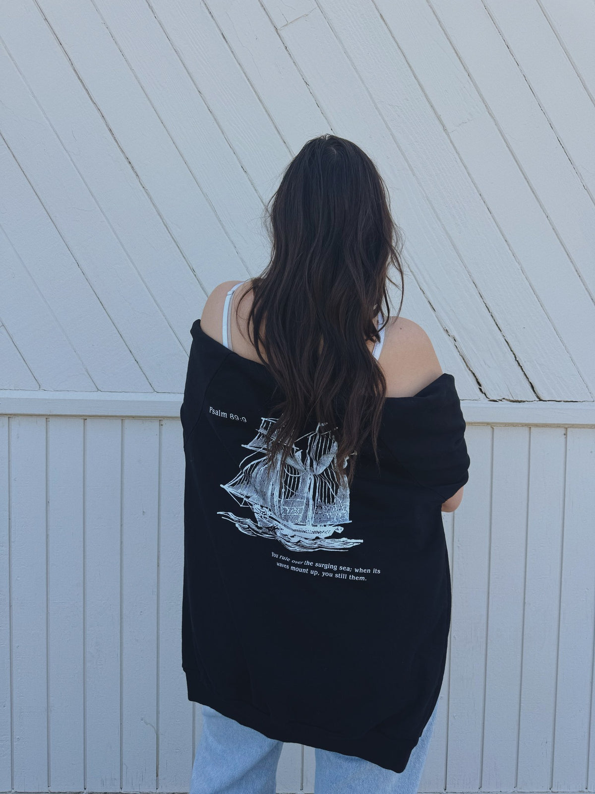 Psalm Boat - Adult Fleece Crewneck, black, worn
