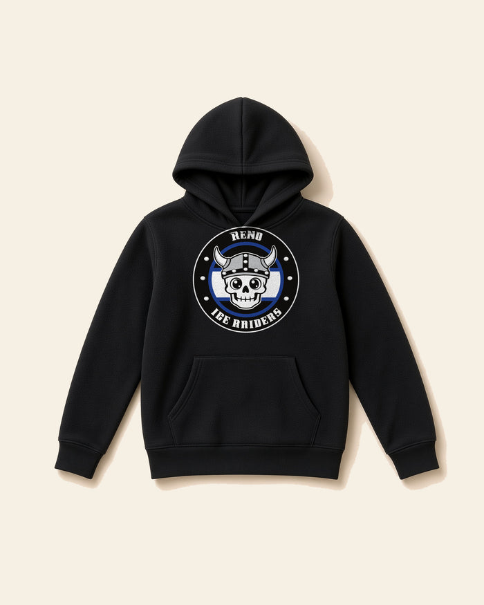 Boy, Ice Raiders on the front of the Reno Ice Raiders youth fleece hoodie