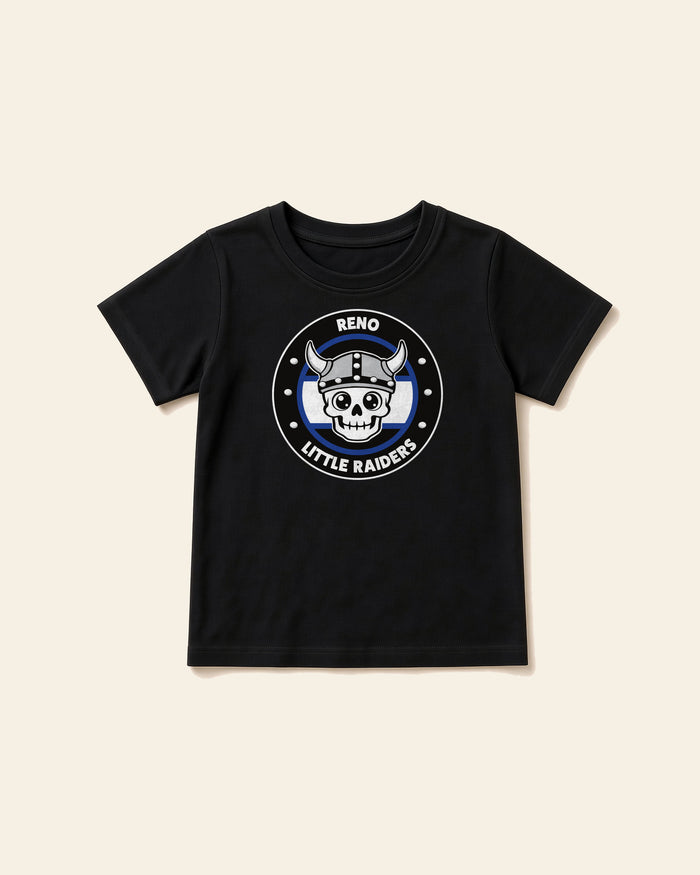 Boy, Little Raiders on the front of the Reno Ice Raiders youth everyday cotton tee