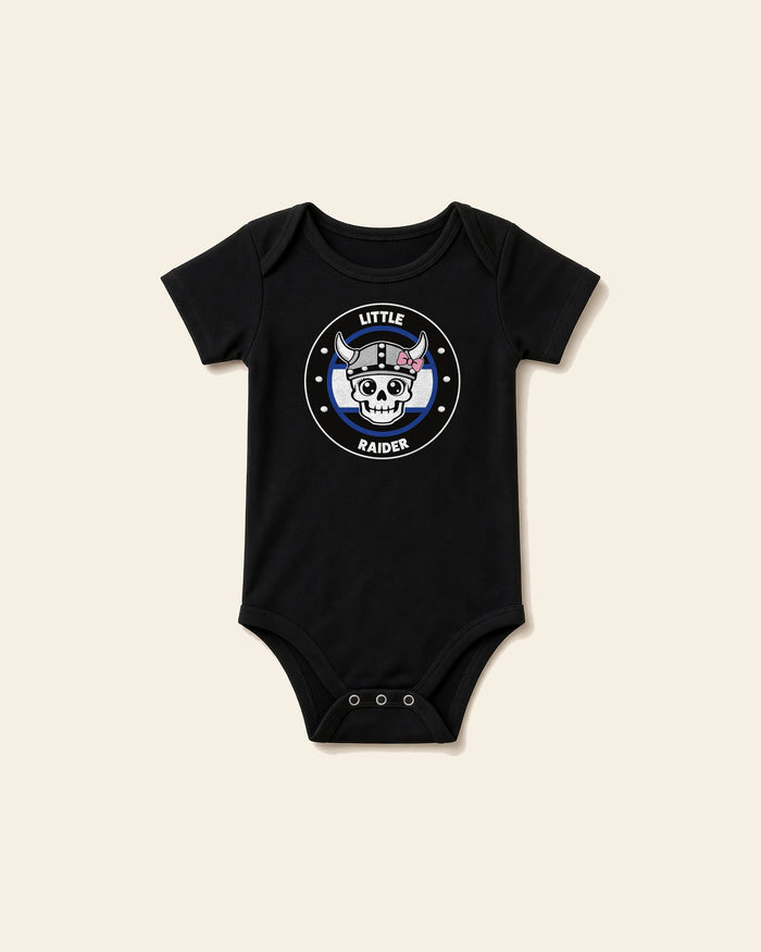 Little Raider, girl on the front of the Reno Ice Raiders baby organic onesie